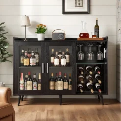 VEVOR Wine Cabinet, Coffee Bar Cabinet with 9 Wine Bottle Racks, Modern Buffet Sideboard with Glass Holder, Adjustable LED Brightness, for Home Kitchen, Living Room, Dining Room, Black Wood Grain