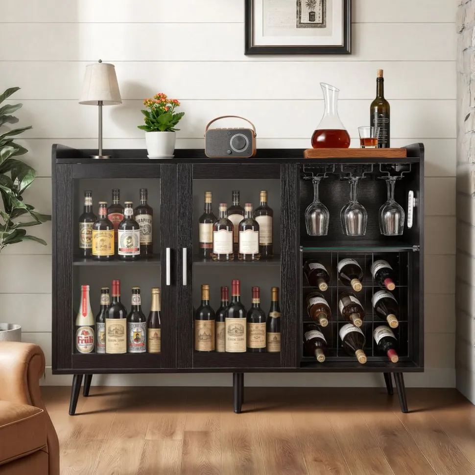 VEVOR Wine Cabinet, Coffee Bar Cabinet with 9 Wine Bottle Racks, Modern Buffet Sideboard with Glass Holder, Adjustable LED Brightness, for Home Kitchen, Living Room, Dining Room, Black Wood Grain