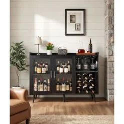 VEVOR Wine Cabinet, Coffee Bar Cabinet with 9 Wine Bottle Racks, Modern Buffet Sideboard with Glass Holder, Adjustable LED Brightness, for Home Kitchen, Living Room, Dining Room, Black Wood Grain