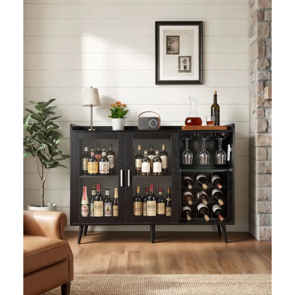 VEVOR Wine Cabinet, Coffee Bar Cabinet with 9 Wine Bottle Racks, Modern Buffet Sideboard with Glass Holder, Adjustable LED Brightness, for Home Kitchen, Living Room, Dining Room, Black Wood Grain