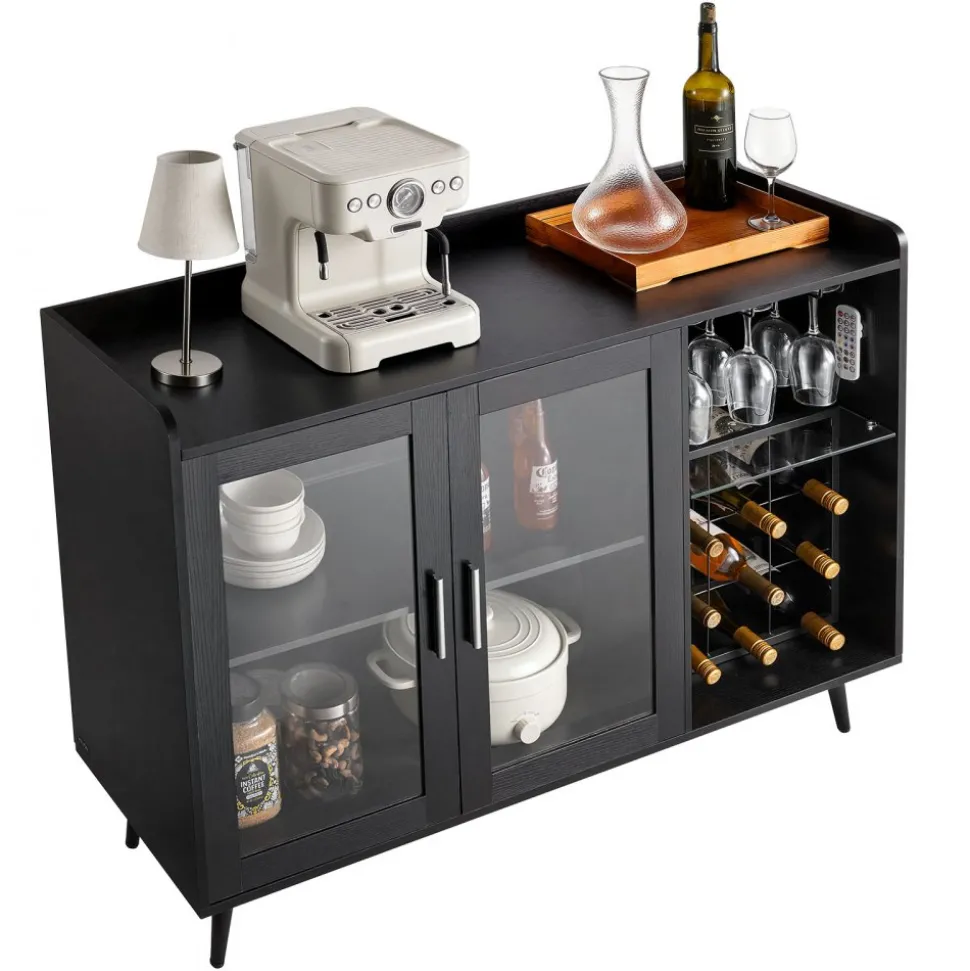 VEVOR Wine Cabinet, Coffee Bar Cabinet with 9 Wine Bottle Racks, Modern Buffet Sideboard with Glass Holder, Adjustable LED Brightness, for Home Kitchen, Living Room, Dining Room, Black Wood Grain
