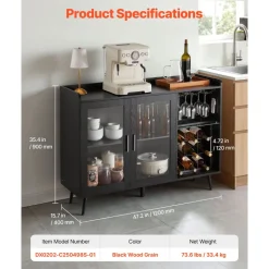 VEVOR Wine Cabinet, Coffee Bar Cabinet with 9 Wine Bottle Racks, Modern Buffet Sideboard with Glass Holder, Adjustable LED Brightness, for Home Kitchen, Living Room, Dining Room, Black Wood Grain