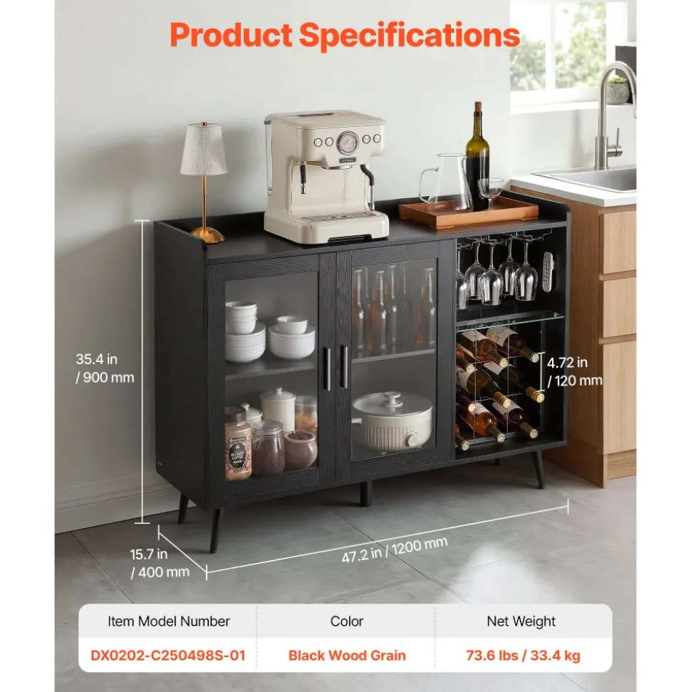 VEVOR Wine Cabinet, Coffee Bar Cabinet with 9 Wine Bottle Racks, Modern Buffet Sideboard with Glass Holder, Adjustable LED Brightness, for Home Kitchen, Living Room, Dining Room, Black Wood Grain