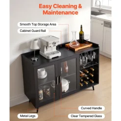 VEVOR Wine Cabinet, Coffee Bar Cabinet with 9 Wine Bottle Racks, Modern Buffet Sideboard with Glass Holder, Adjustable LED Brightness, for Home Kitchen, Living Room, Dining Room, Black Wood Grain