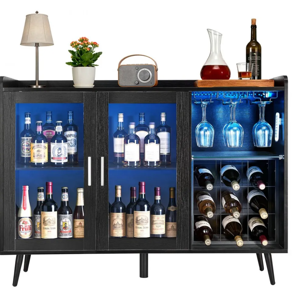VEVOR Wine Cabinet, Coffee Bar Cabinet with 9 Wine Bottle Racks, Modern Buffet Sideboard with Glass Holder, Adjustable LED Brightness, for Home Kitchen, Living Room, Dining Room, Black Wood Grain