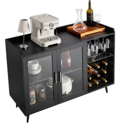 VEVOR Wine Cabinet, Coffee Bar Cabinet with 9 Wine Bottle Racks, Modern Buffet Sideboard with Glass Holder, Adjustable LED Brightness, for Home Kitchen, Living Room, Dining Room, Black Wood Grain