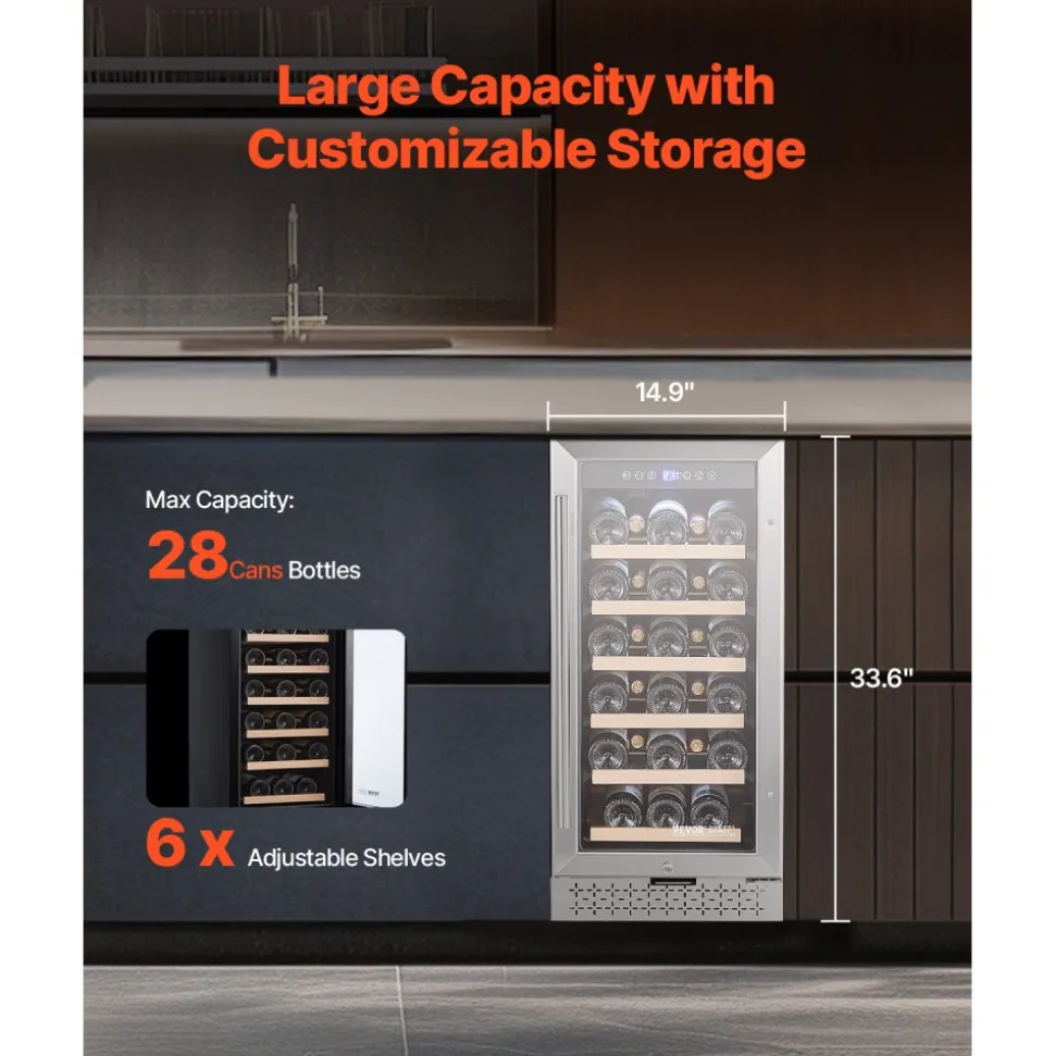 VEVOR Wine Cooler, 28 Bottle Wine Fridge, Mini Wine Cooler Refrigerator with Glass Door, Adjustable Shelves, Digital Temperature Control, Built-in & Freestanding Cooler Fridge for Home, Office, Bar