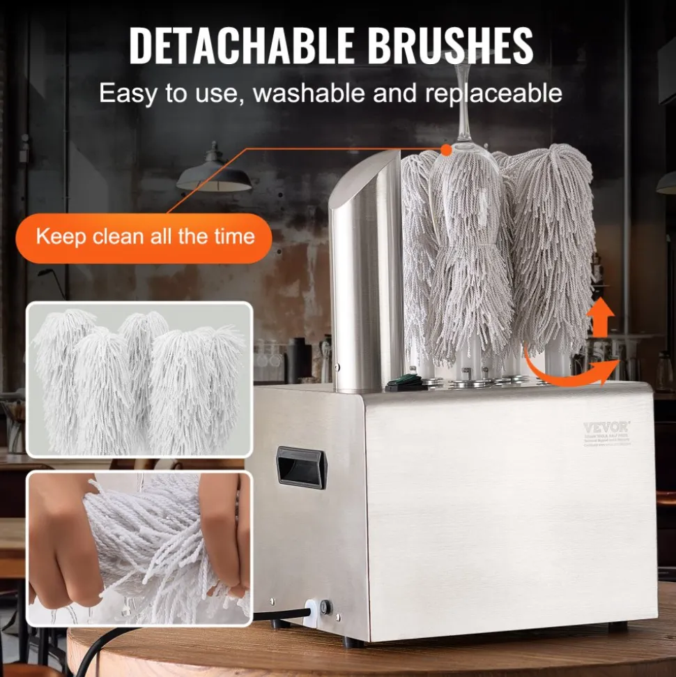 VEVOR Wine Glass Polisher Machine, 5-Brush Glass Polishing Machine, 330 Cups/Hour Electric Commercial Glass Polisher for Champagne Glasses, Beer Cups, Mugs, Perfect for Bar Restaurant Kitchen