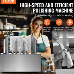 VEVOR Wine Glass Polisher Machine, 8-Brush Glass Polishing Machine, 660 Cups/Hour Electric Commercial Glass Polisher for Champagne Glasses, Beer Cups, Mugs, Perfect for Bar Restaurant Kitchen