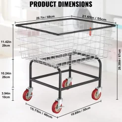 VEVOR Wire Laundry Cart, 2.8Bushel Wire Laundry Basket with Wheels, 26.7''x21.7''x26.4'' Commercial Wire Laundry Basket Cart, Steel Frame with Chrome Finish, 4