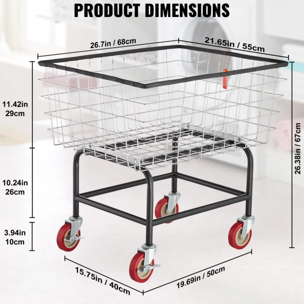 VEVOR Wire Laundry Cart, 2.8Bushel Wire Laundry Basket with Wheels, 26.7''x21.7''x26.4'' Commercial Wire Laundry Basket Cart, Steel Frame with Chrome Finish, 4" Casters, Wire Basket Cart for Laundry