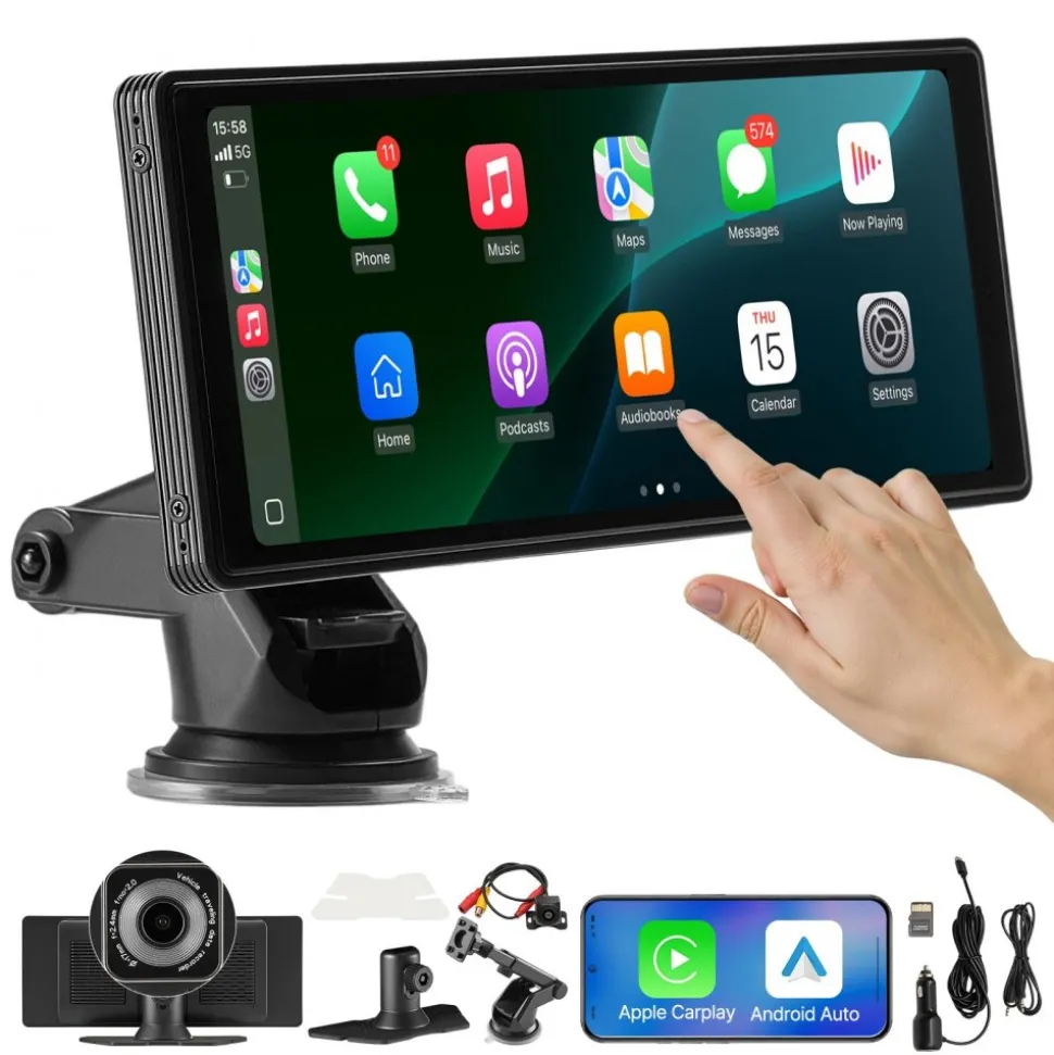 VEVOR Wireless Car Stereo, 10-Inch HD Portable Radio Touch Screen with Apple CarPlay and Android Auto, CarPlay Screen with Front & Backup Cameras, Voice Control, Mirror Link, Bluetooth, GPS Navigation