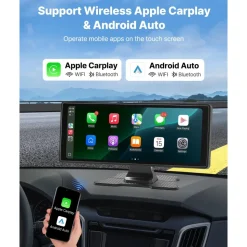 VEVOR Wireless Car Stereo, 10-Inch HD Portable Radio Touch Screen with Apple CarPlay and Android Auto, CarPlay Screen with Front & Backup Cameras, Voice Control, Mirror Link, Bluetooth, GPS Navigation