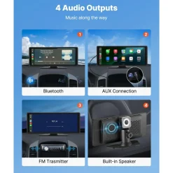 VEVOR Wireless Car Stereo, 10-Inch HD Portable Radio Touch Screen with Apple CarPlay and Android Auto, CarPlay Screen with Front & Backup Cameras, Voice Control, Mirror Link, Bluetooth, GPS Navigation
