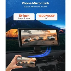 VEVOR Wireless Car Stereo, 10-Inch HD Portable Radio Touch Screen with Apple CarPlay and Android Auto, CarPlay Screen with Front & Backup Cameras, Voice Control, Mirror Link, Bluetooth, GPS Navigation
