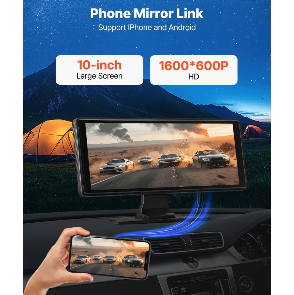 VEVOR Wireless Car Stereo, 10-Inch HD Portable Radio Touch Screen with Apple CarPlay and Android Auto, CarPlay Screen with Front & Backup Cameras, Voice Control, Mirror Link, Bluetooth, GPS Navigation