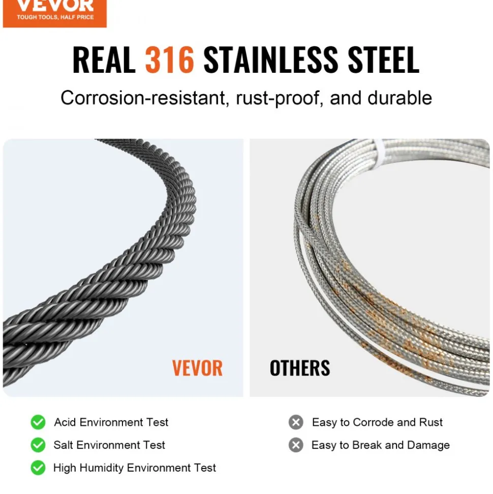 VEVOR Wire Rope Kit, 1/8" 500 ft 316 Stainless Steel Cable with Cutter and Gloves, 1600 lbs Breaking Strength, 7x7 Strands Core Marine Aircraft Grade for Handrail Stair Decking Fence Outdoors, Black