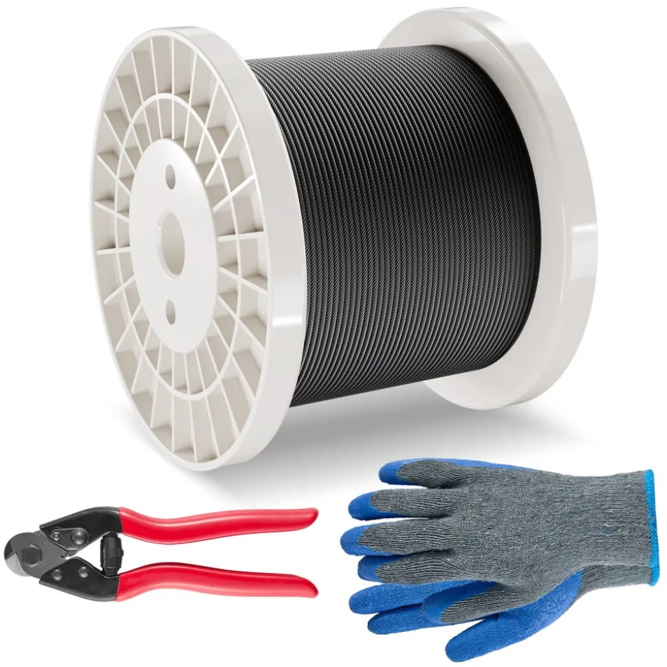 VEVOR Wire Rope Kit, 1/8" 500 ft 316 Stainless Steel Cable with Cutter and Gloves, 1600 lbs Breaking Strength, 7x7 Strands Core Marine Aircraft Grade for Handrail Stair Decking Fence Outdoors, Black
