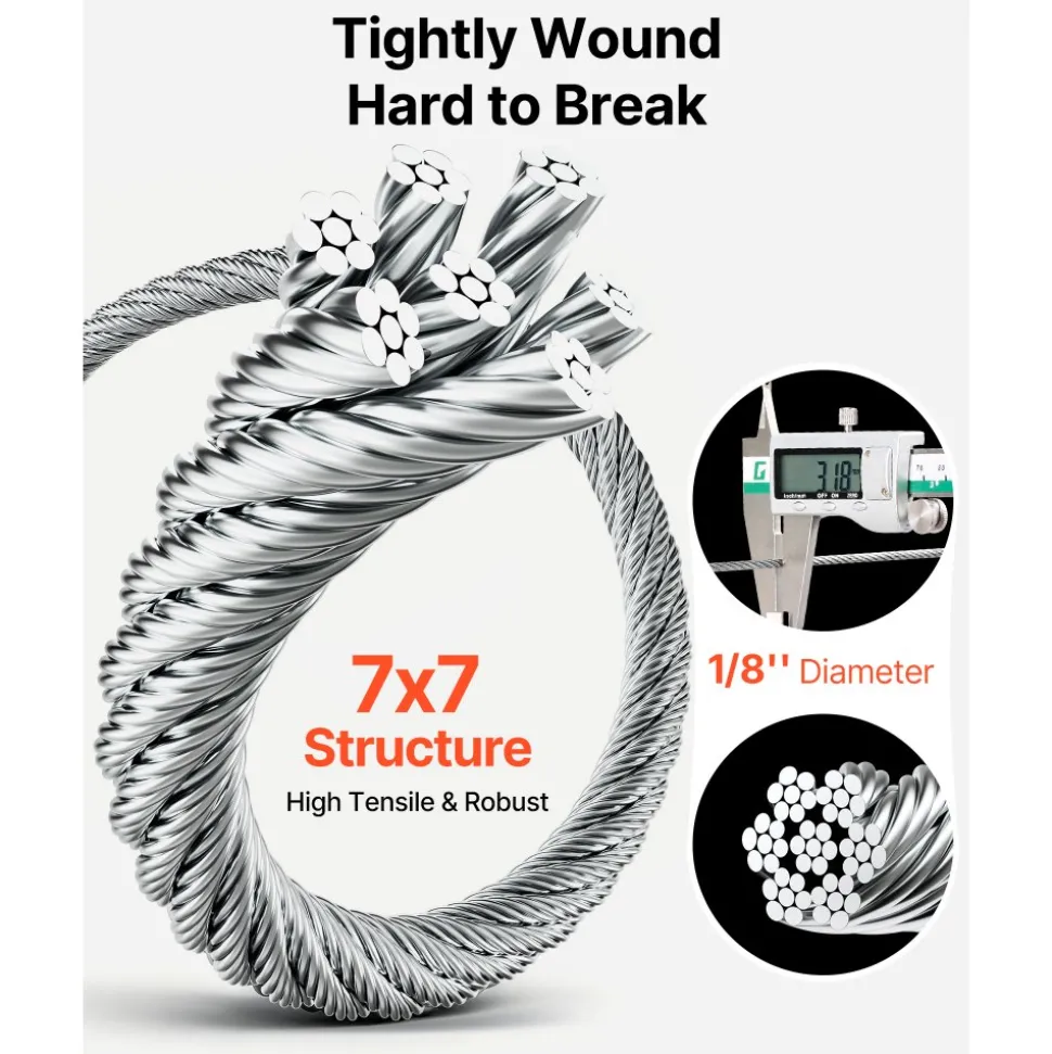 VEVOR Wire Rope Kit, 1/8" 600 ft 316 Stainless Steel Cable with Cutter and Gloves, 1600 lbs Breaking Strength, 7x7 Strands Construction Marine Aircraft Grade for Handrail Stair Decking Fence Outdoors