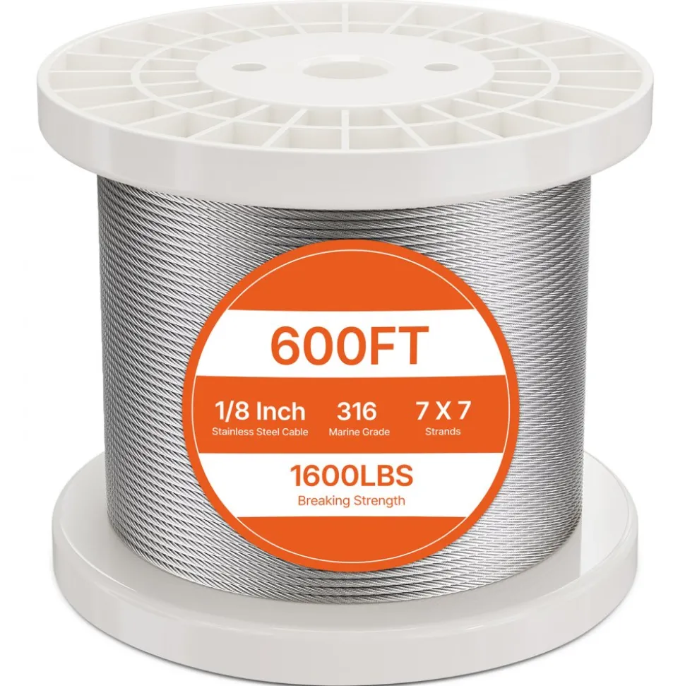 VEVOR Wire Rope Kit, 1/8" 600 ft 316 Stainless Steel Cable with Cutter and Gloves, 1600 lbs Breaking Strength, 7x7 Strands Construction Marine Aircraft Grade for Handrail Stair Decking Fence Outdoors