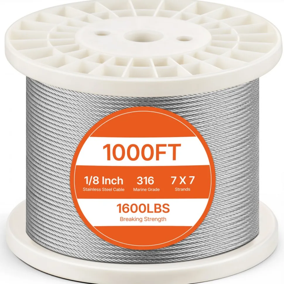 VEVOR Wire Rope Kit, 1/8" 1000 ft 316 Stainless Steel Cable with Cutter and Gloves, 1600 lbs Breaking Strength, 7x7 Strands Construction Marine Aircraft Grade for Handrail Stair Decking Fence Outdoors