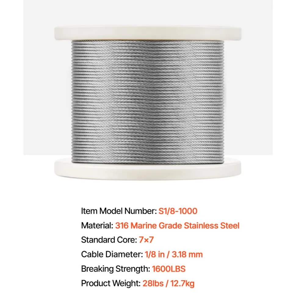 VEVOR Wire Rope Kit, 1/8" 1000 ft 316 Stainless Steel Cable with Cutter and Gloves, 1600 lbs Breaking Strength, 7x7 Strands Construction Marine Aircraft Grade for Handrail Stair Decking Fence Outdoors