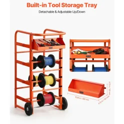 VEVOR Wire Spool Rack, 11 Rods, Multi-Spool Wire Rack Dispenser, Cable Caddy with Wheels, Cable Holder with Storage Tray for Wiring Storage, for Electrical, Industrial & Retail Use, Working Efficiency