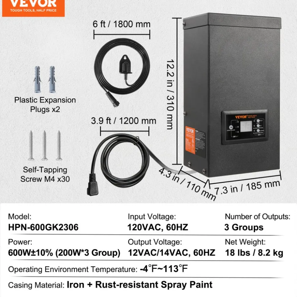 VEVOR 600W Landscape Transformer, Timer & Photocell Sensor Equipped, Weatherproof Outdoor Lighting Converter, 120V AC to 12V/14V AC, Ideal for Exterior, Spotlight, Pathway, Pool Lighting, ETL Certi