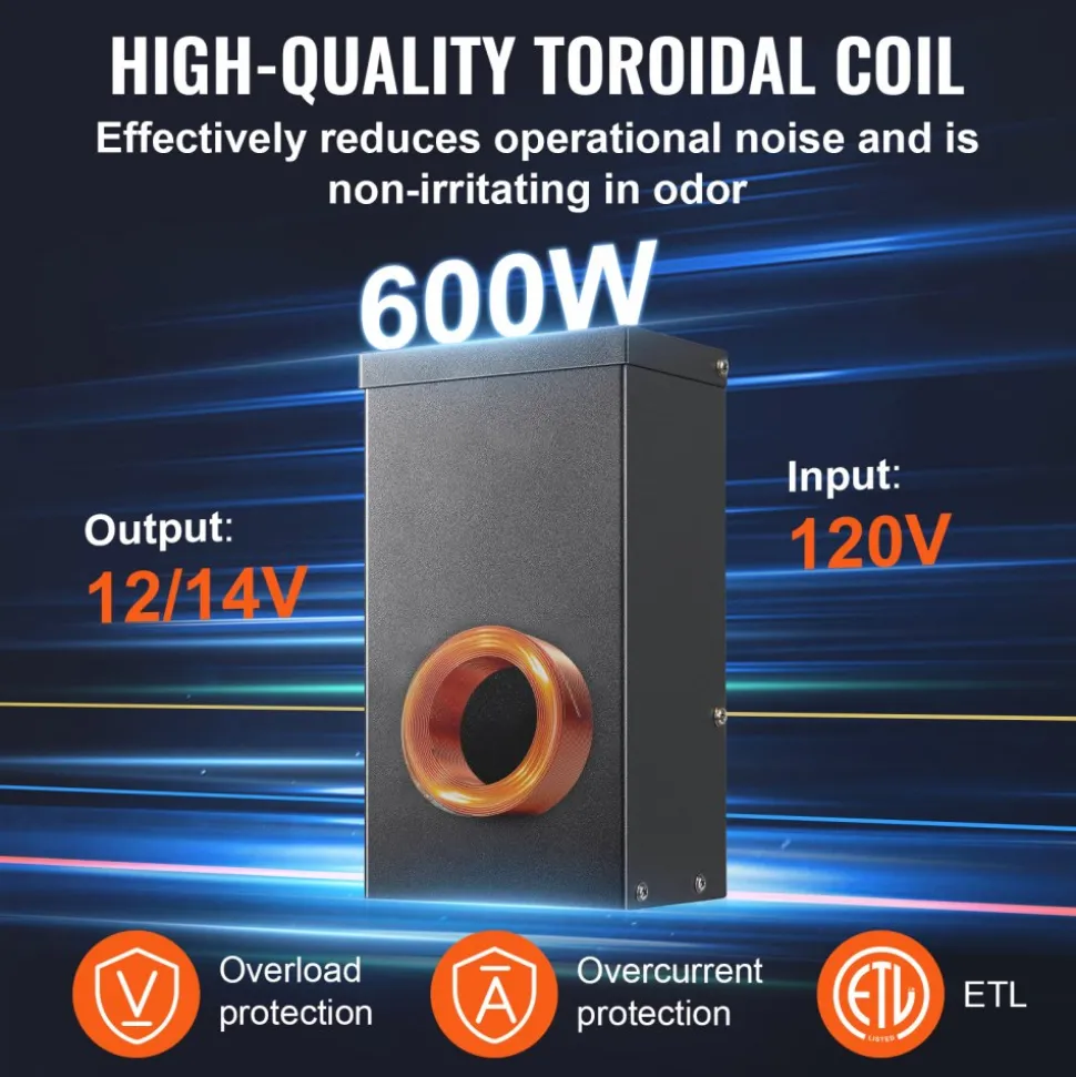 VEVOR 600W Landscape Transformer, Timer & Photocell Sensor Equipped, Weatherproof Outdoor Lighting Converter, 120V AC to 12V/14V AC, Ideal for Exterior, Spotlight, Pathway, Pool Lighting, ETL Certi