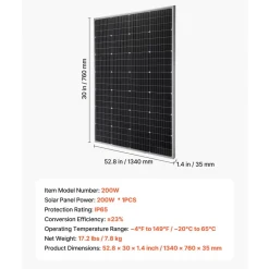 VEVOR 200W Monocrystalline Solar Panel, 23% High-Efficiency Mono PV Module with Stable MC4 Output & Aluminum Frame, IP65 Waterproof Solar Panel for Car Boat RV Flat Rooftop Off-Grid Applications