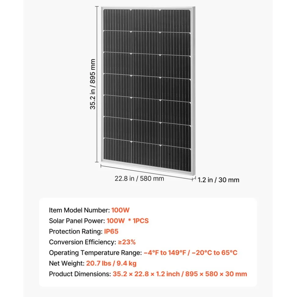 VEVOR 100W Monocrystalline Solar Panel, 23% High-Efficiency Mono PV Module with Stable MC4 Output & Aluminum Frame, IP65 Waterproof Solar Panel for Car Boat RV Flat Rooftop Off-Grid Applications