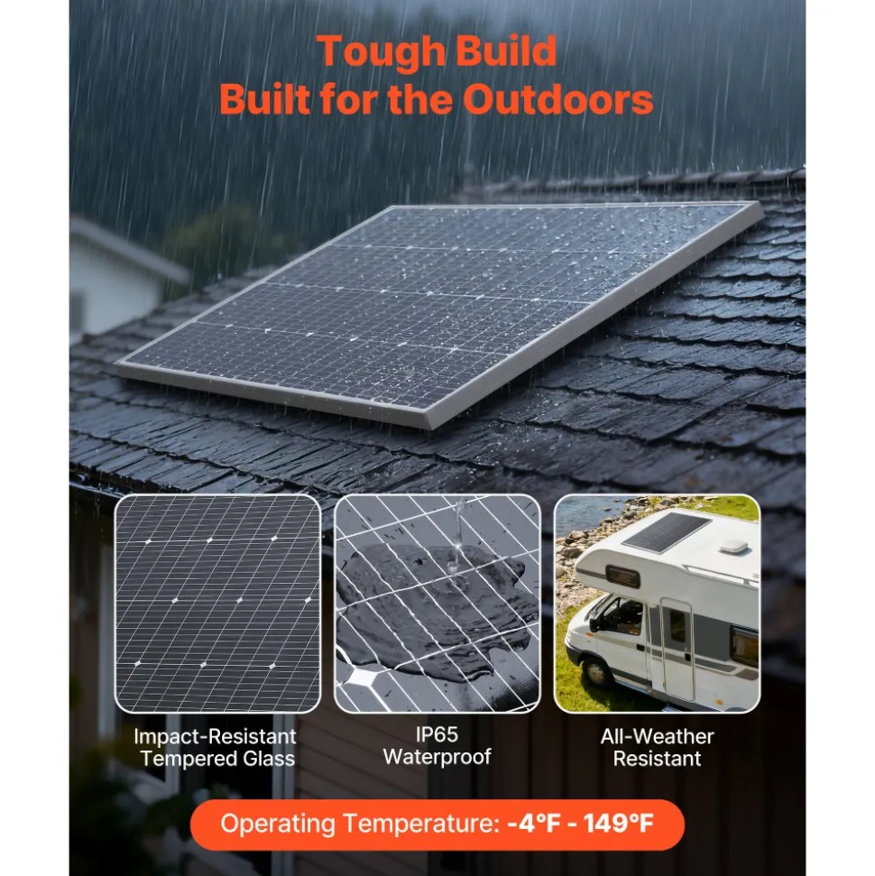 VEVOR 100W Monocrystalline Solar Panel, 23% High-Efficiency Mono PV Module with Stable MC4 Output & Aluminum Frame, IP65 Waterproof Solar Panel for Car Boat RV Flat Rooftop Off-Grid Applications