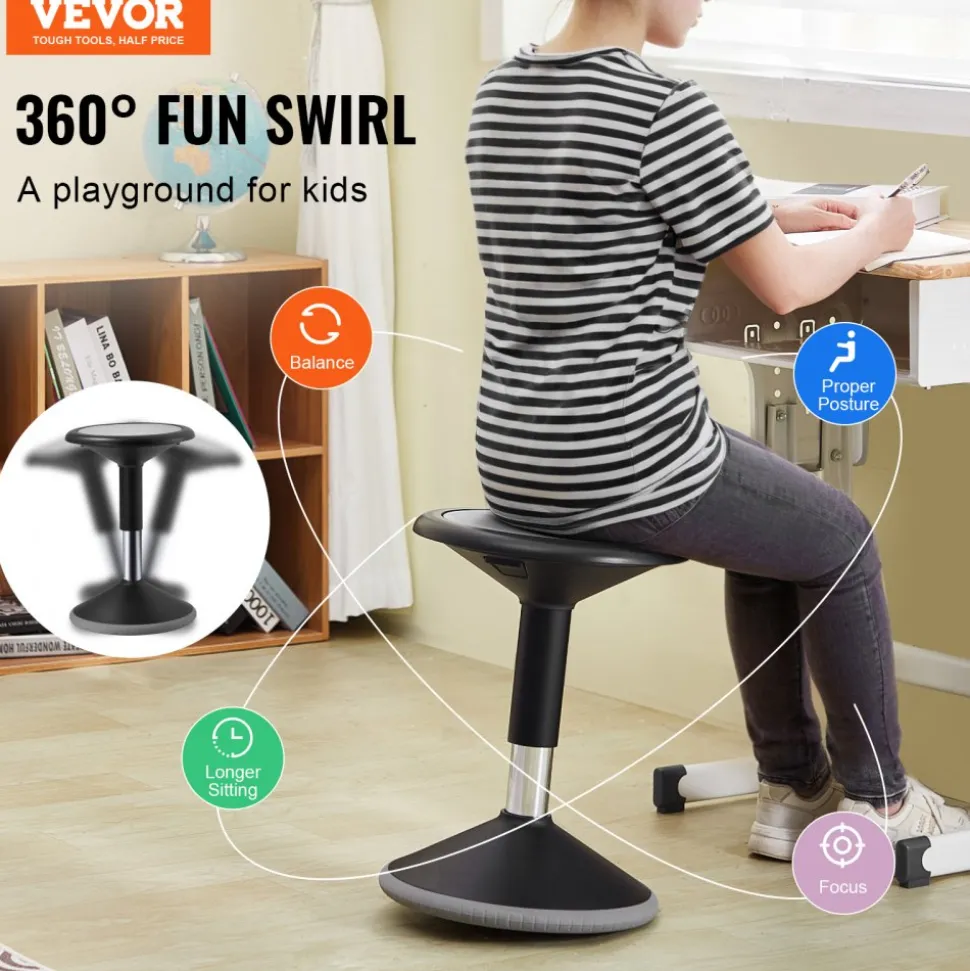 VEVOR Wobble Chair, Height-Adjustable (15.7-21.7") Active Chair, Flexible Seating Wobble Stool Made of PVC+ABS Improves Focus & Posture, Ideal for Schools, Office and Home, Age 12-18, Black