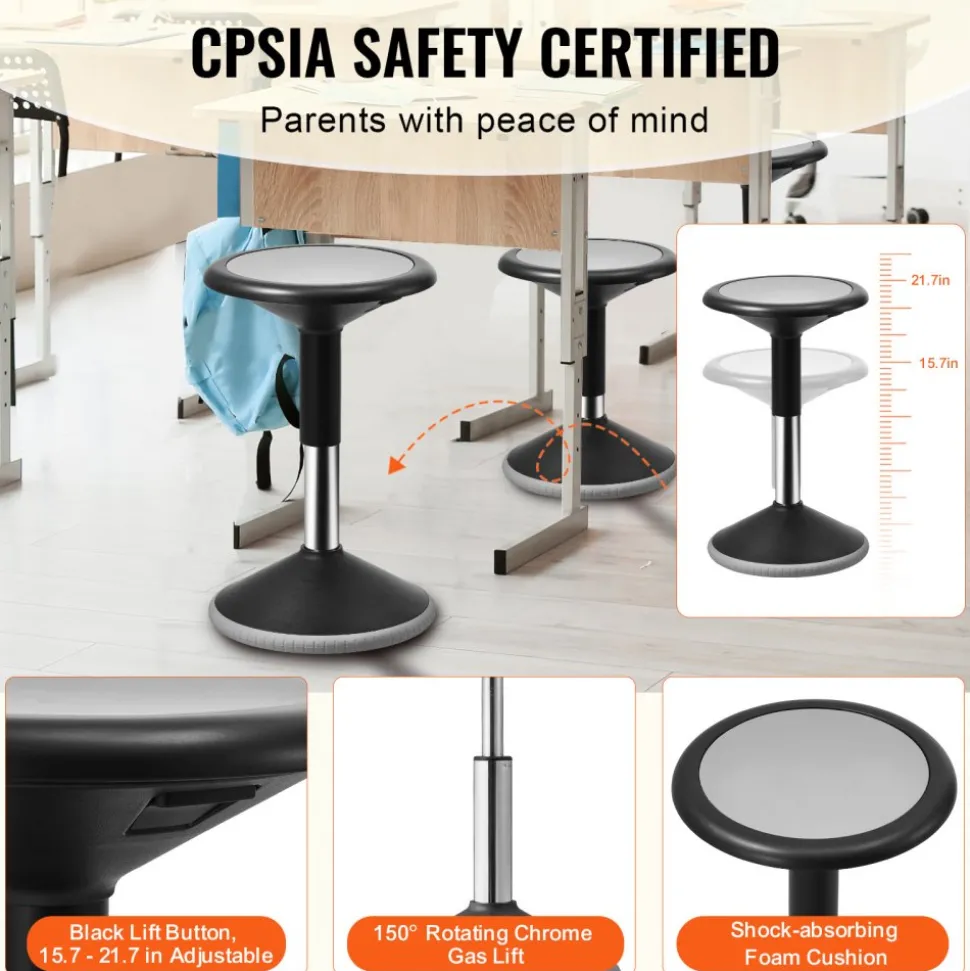 VEVOR Wobble Chair, Height-Adjustable (15.7-21.7") Active Chair, Flexible Seating Wobble Stool Made of PVC+ABS Improves Focus & Posture, Ideal for Schools, Office and Home, Age 12-18, Black