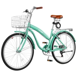VEVOR Women Bike, 24 in Beach Cruiser Bike, 7-Speed Adult City Bicycle with Carbon Steel Frame, 330 lbs Capacity, Basket, Rear Rack & Dual V-Brakes, Pink