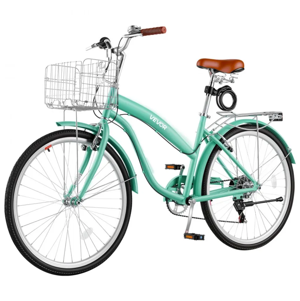 VEVOR Women Bike, 26 in Beach Cruiser Bike, 7-Speed Adult City Bicycle with Carbon Steel Frame, 330 lbs Capacity, Basket, Rear Rack & Dual V-Brakes, White