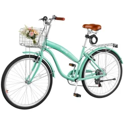 VEVOR Women Bike, 26 in Beach Cruiser Bike, 7-Speed Adult City Bicycle with Carbon Steel Frame, 330 lbs Capacity, Basket, Rear Rack & Dual V-Brakes, White