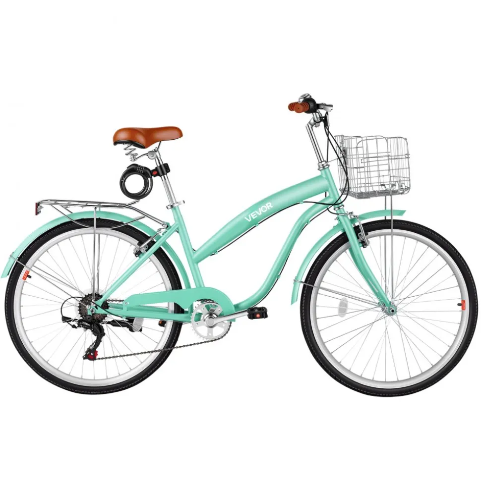 VEVOR Women Bike, 26 in Beach Cruiser Bike, 7-Speed Adult City Bicycle with Carbon Steel Frame, 330 lbs Capacity, Basket, Rear Rack & Dual V-Brakes, White