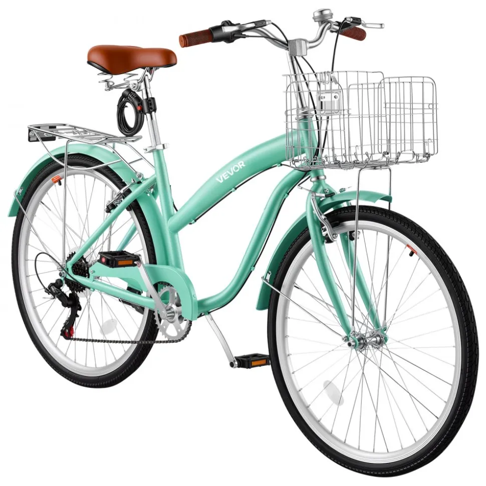 VEVOR Women Bike, 26 in Beach Cruiser Bike, 7-Speed Adult City Bicycle with Carbon Steel Frame, 330 lbs Capacity, Basket, Rear Rack & Dual V-Brakes, White
