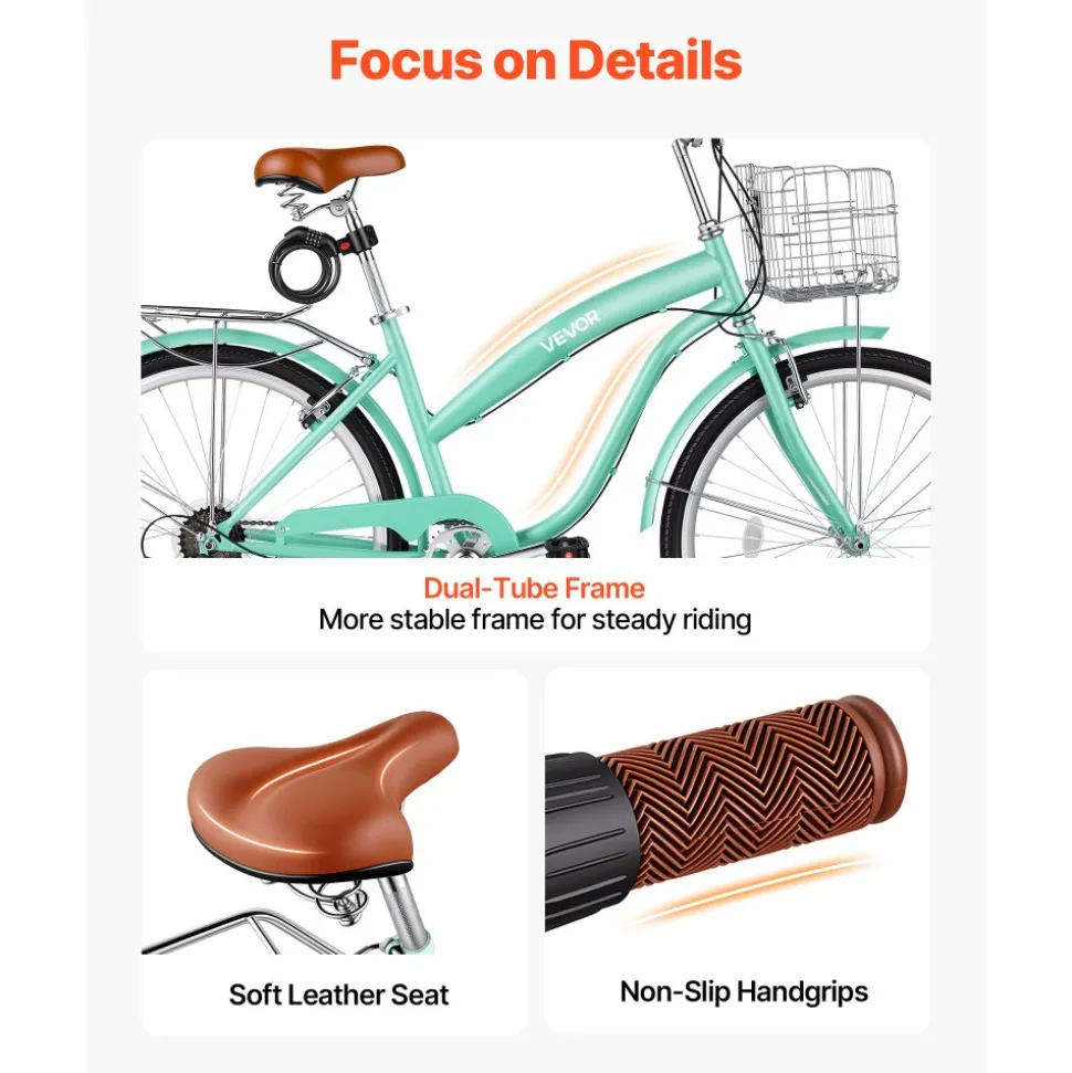 VEVOR Women Bike, 26 in Beach Cruiser Bike, 7-Speed Adult City Bicycle with Carbon Steel Frame, 330 lbs Capacity, Basket, Rear Rack & Dual V-Brakes, White