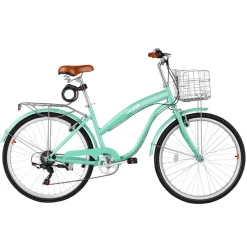 VEVOR Women Bike, 26 in Beach Cruiser Bike, 7-Speed Adult City Bicycle with Carbon Steel Frame, 330 lbs Capacity, Basket, Rear Rack & Dual V-Brakes, White