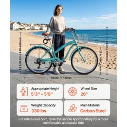 VEVOR Women Bike, 26 in Beach Cruiser Bike, 7-Speed Adult City Bicycle with Carbon Steel Frame, 330 lbs Capacity, Basket, Rear Rack & Dual V-Brakes, White
