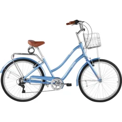 VEVOR Women Bike, 26 in Beach Cruiser Bike, 7-Speed Adult City Bicycle with Aluminum Alloy Frame, 330 lbs Capacity, Basket, Rear Rack & Dual V-Brakes, Light Blue