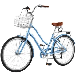 VEVOR Women Bike, 26 in Beach Cruiser Bike, 7-Speed Adult City Bicycle with Aluminum Alloy Frame, 330 lbs Capacity, Basket, Rear Rack & Dual V-Brakes, Light Blue