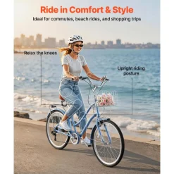 VEVOR Women Bike, 26 in Beach Cruiser Bike, 7-Speed Adult City Bicycle with Aluminum Alloy Frame, 330 lbs Capacity, Basket, Rear Rack & Dual V-Brakes, Light Blue