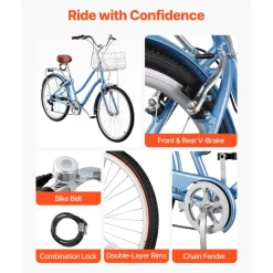 VEVOR Women Bike, 26 in Beach Cruiser Bike, 7-Speed Adult City Bicycle with Aluminum Alloy Frame, 330 lbs Capacity, Basket, Rear Rack & Dual V-Brakes, Light Blue