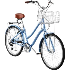 VEVOR Women Bike, 26 in Beach Cruiser Bike, 7-Speed Adult City Bicycle with Aluminum Alloy Frame, 330 lbs Capacity, Basket, Rear Rack & Dual V-Brakes, Light Blue