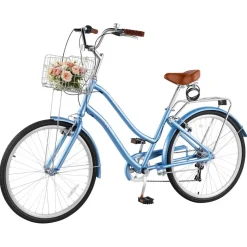 VEVOR Women Bike, 26 in Beach Cruiser Bike, 7-Speed Adult City Bicycle with Aluminum Alloy Frame, 330 lbs Capacity, Basket, Rear Rack & Dual V-Brakes, Light Blue