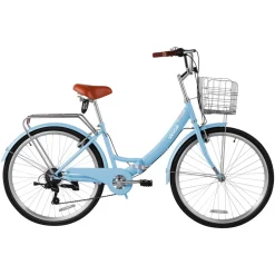 VEVOR Women Bike, 26 in Folding Beach Cruiser Bike, 7-Speed Adult City Bicycle with Steel Frame, 330 lbs Capacity, Basket, Rear Rack & Dual V-Brakes, Light Blue