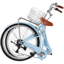 VEVOR Women Bike, 26 in Folding Beach Cruiser Bike, 7-Speed Adult City Bicycle with Steel Frame, 330 lbs Capacity, Basket, Rear Rack & Dual V-Brakes, Light Blue
